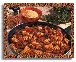 [Ground Beef with Pasta in Skillet]